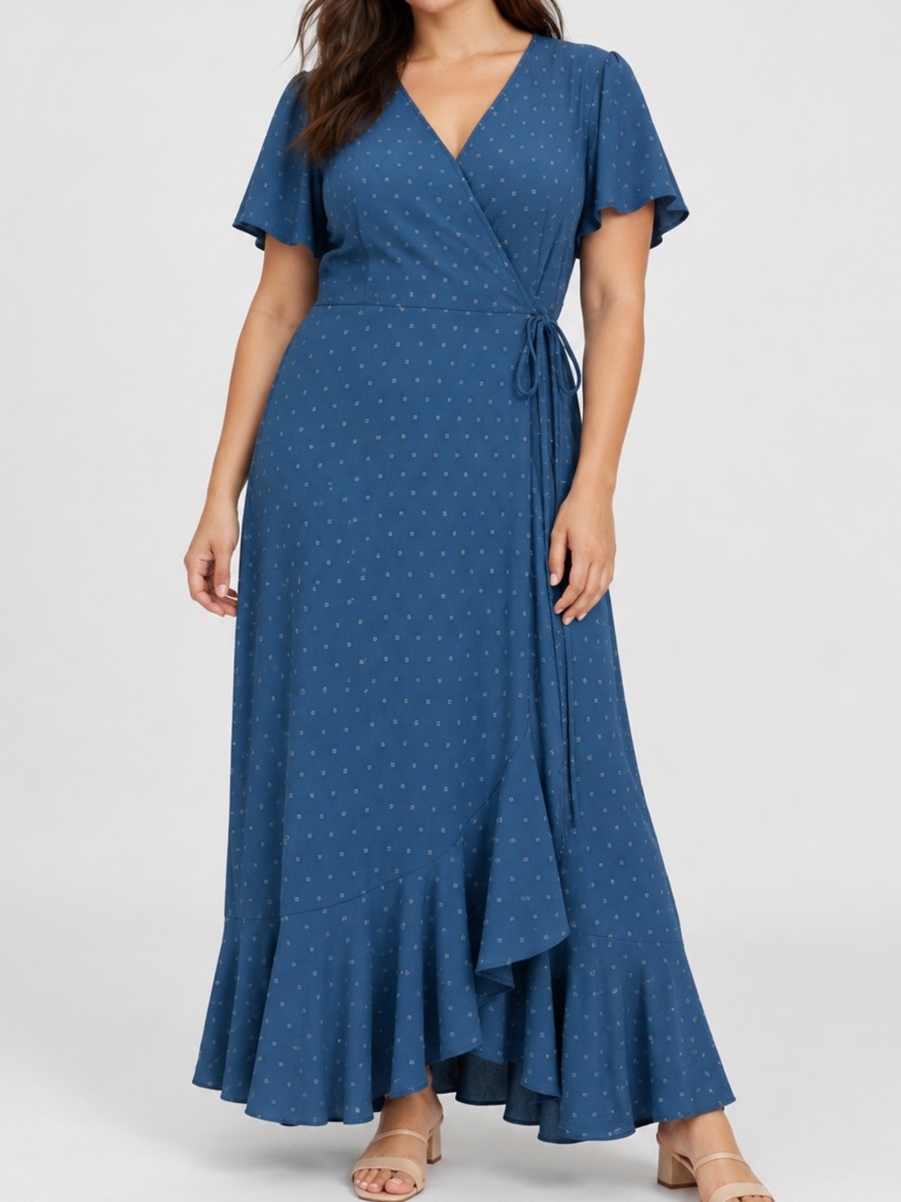 NWT PrettyGarden Wrap Maxi Dress Ruffle Flowy Size XL Blue Casual Cottagecore